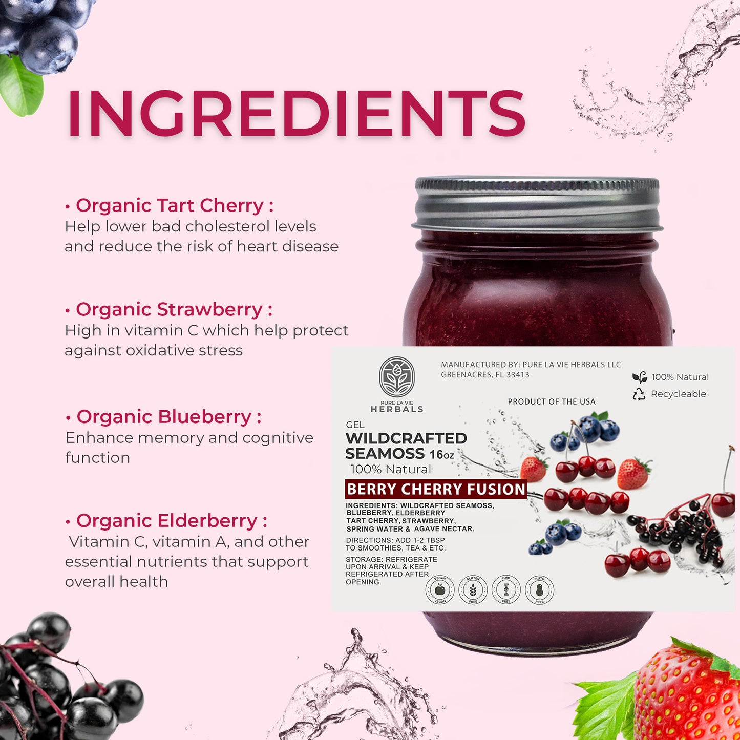 Berry Cherry Fusion Sea Moss Gel – 16oz | Wildcrafted, Immune Support & Inflammation Relief | Vegan & Kid-Friendly