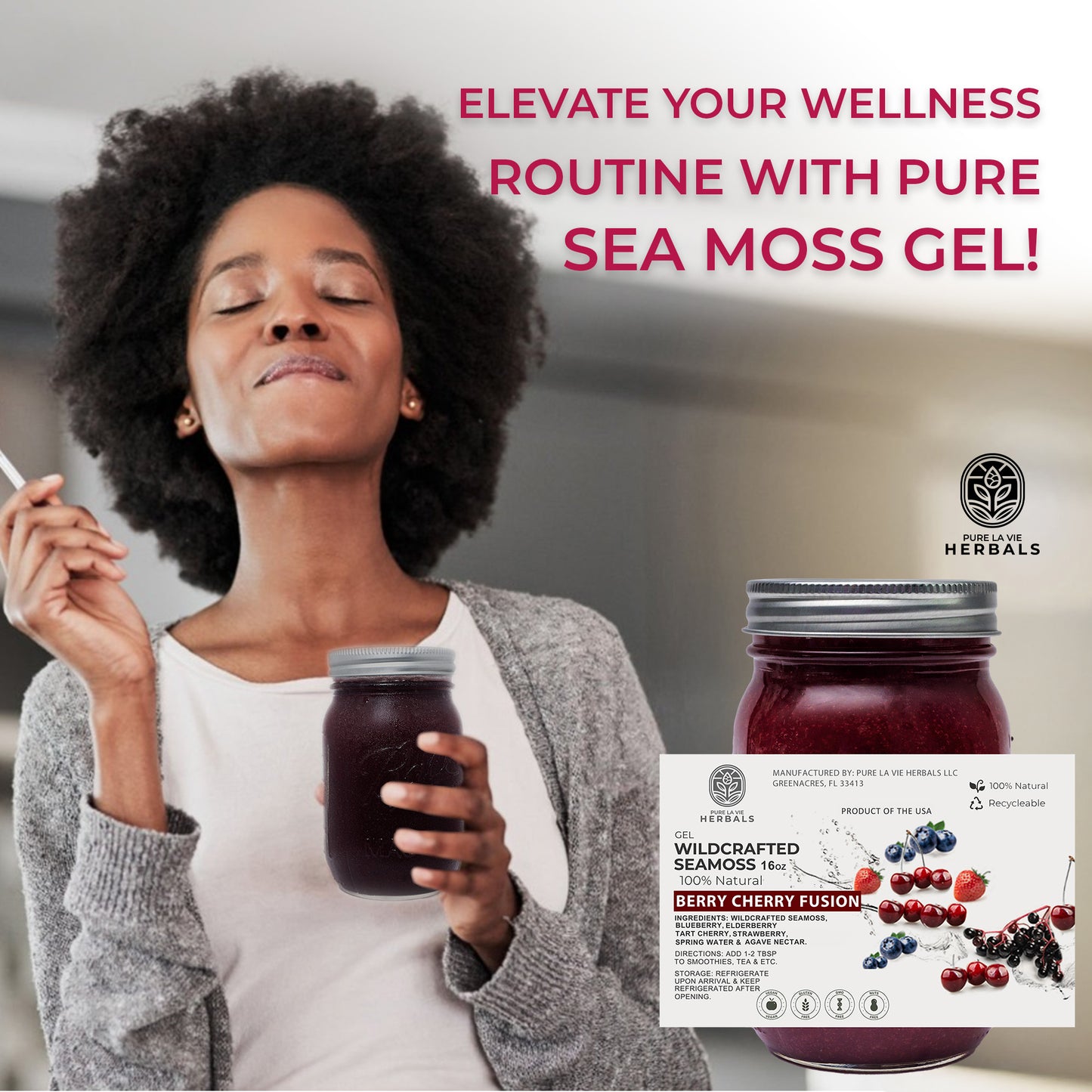 Berry Cherry Fusion Sea Moss Gel – 16oz | Wildcrafted, Immune Support & Inflammation Relief | Vegan & Kid-Friendly
