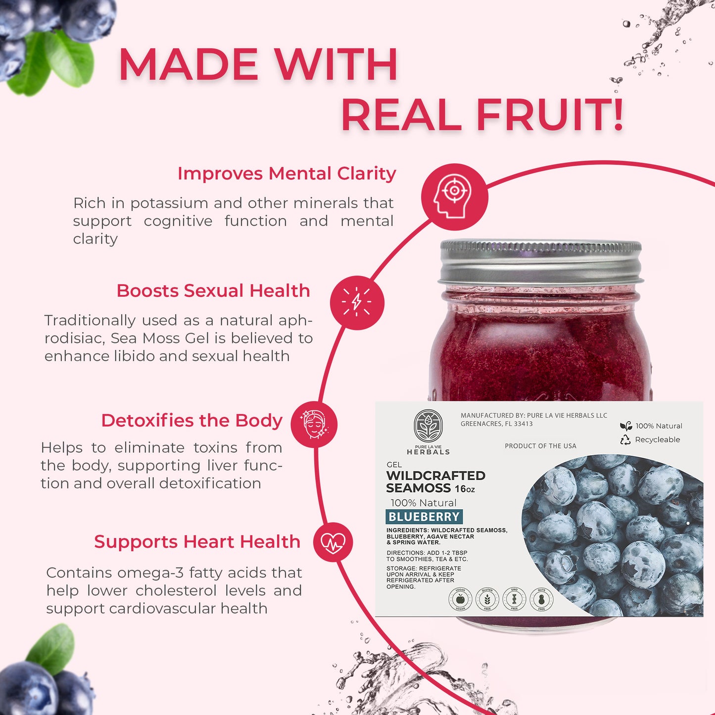 Blueberry Sea Moss Gel – 16oz | Wildcrafted, 92 Minerals, Superfood Gel| Vegan & Kid-Friendly