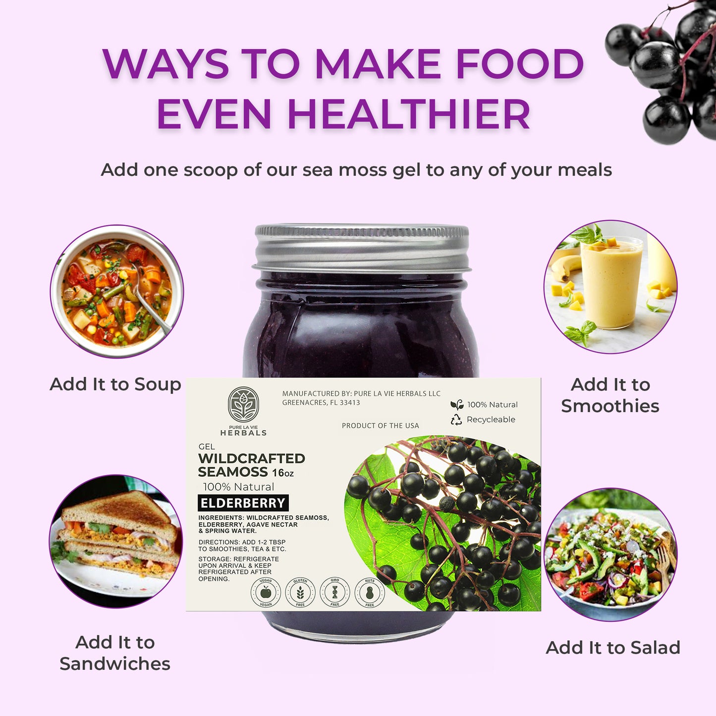 Elderberry Sea Moss Gel – 16oz | Wildcrafted, 92 Minerals, Immune Support | Vegan & Kid-Friendly