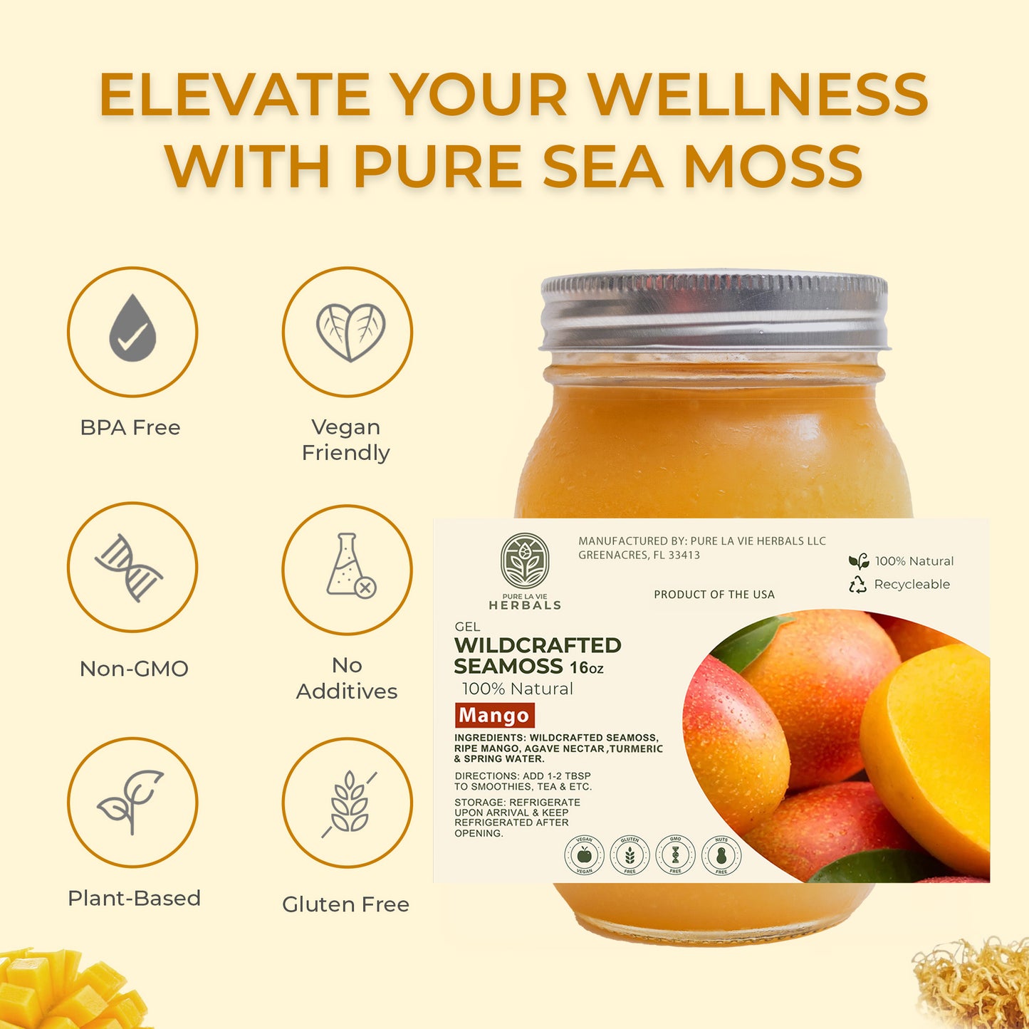 Mango Sea Moss Gel – 16oz | Wildcrafted, 92 Minerals | Vegan & Kid-Friendly