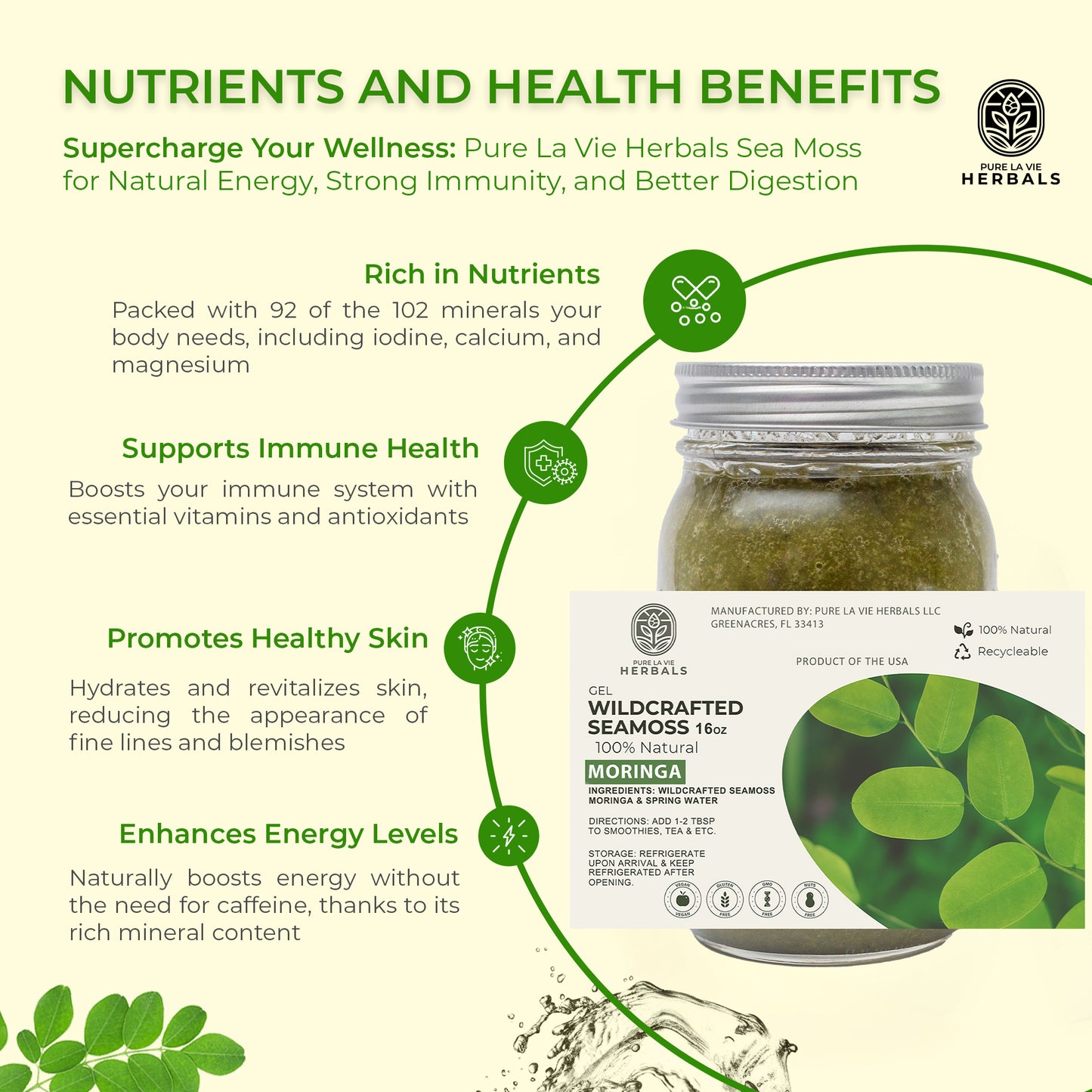 Moringa Sea Moss Gel – 16oz | Wildcrafted, 92 Minerals, Immune & Energy Support | Vegan & Kid-Friendly