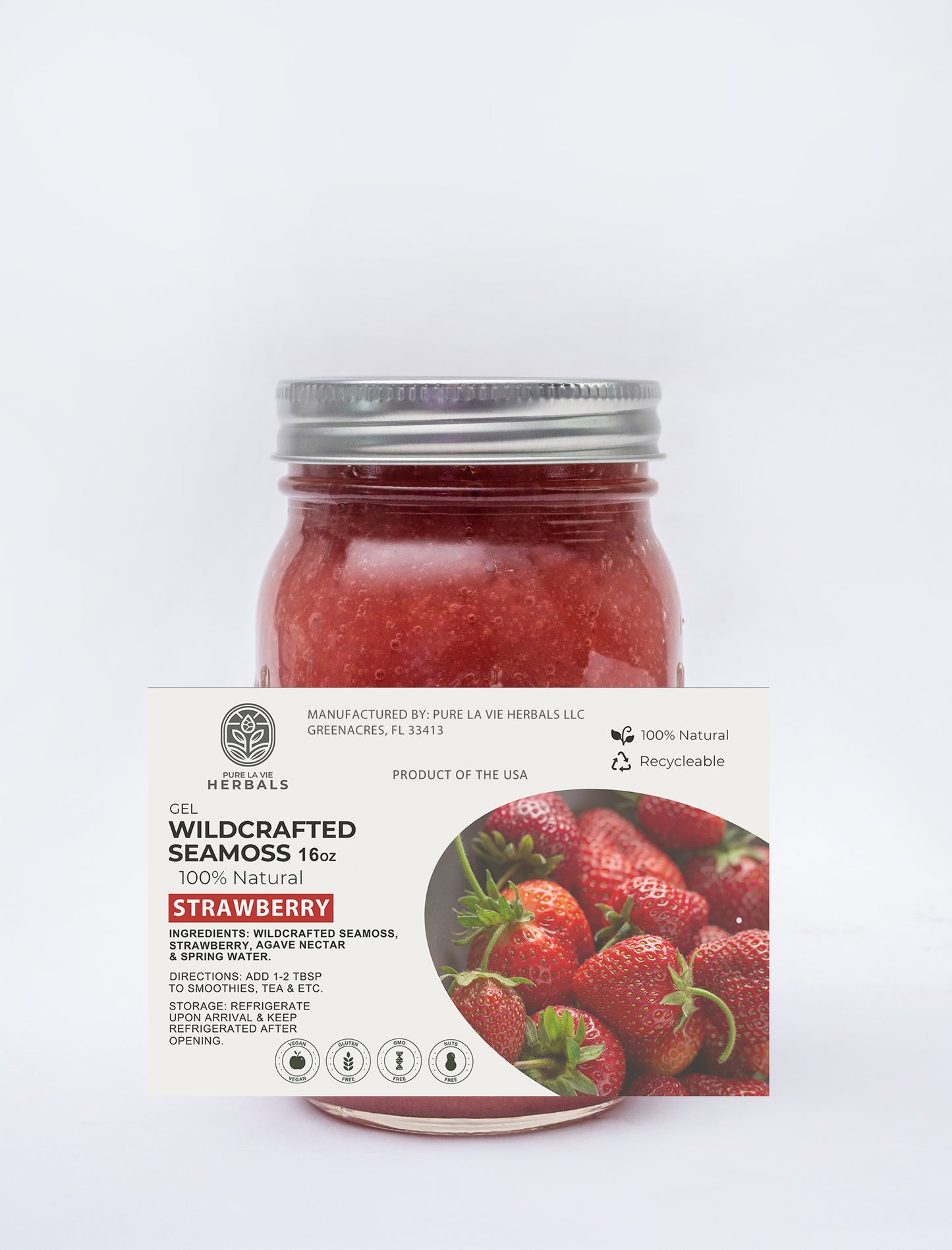 Strawberry Sea Moss Gel – 16oz | Wildcrafted, 92 Minerals, Skin & Immune Support | Vegan & Kid-Friendly