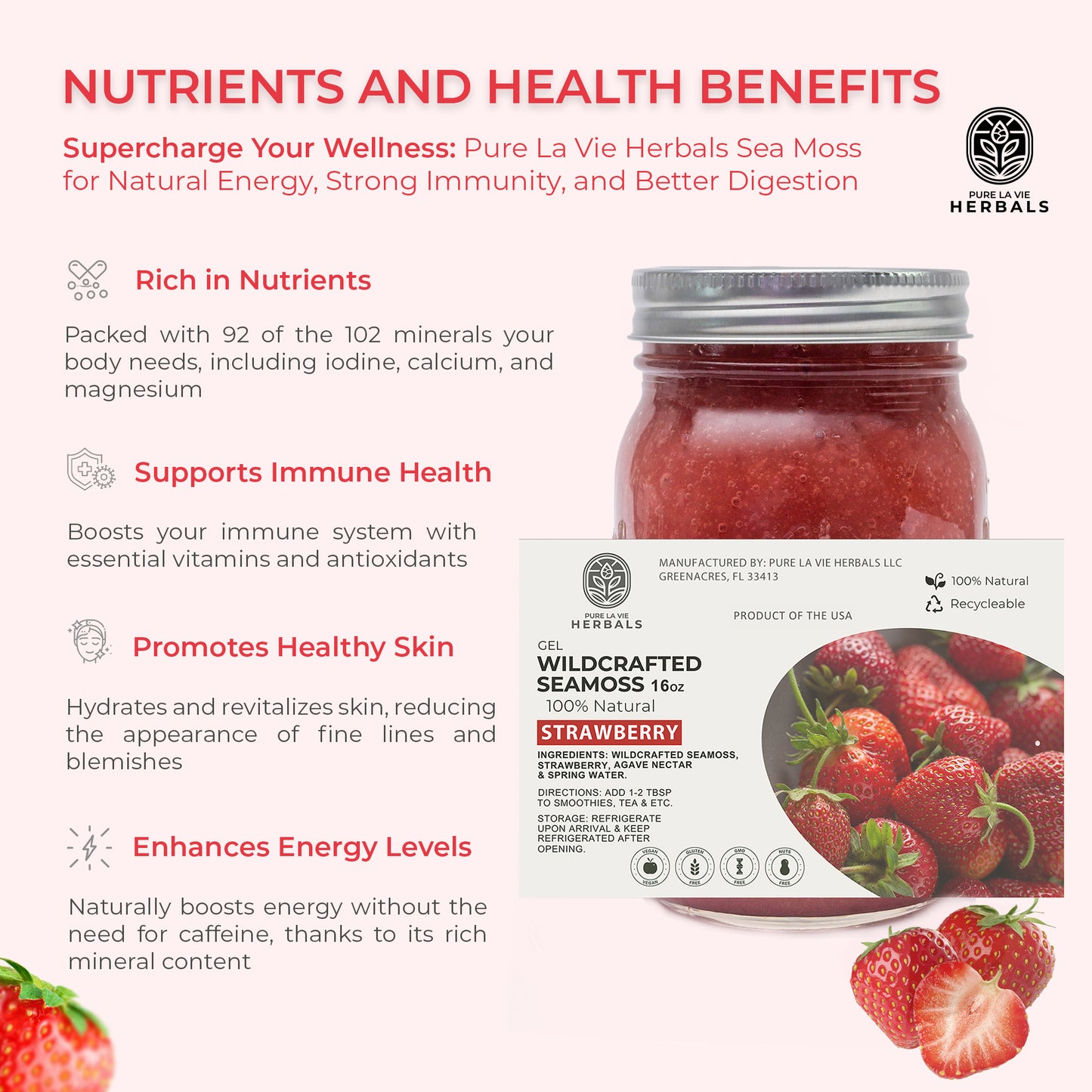 Strawberry Sea Moss Gel – 16oz | Wildcrafted, 92 Minerals, Skin & Immune Support | Vegan & Kid-Friendly