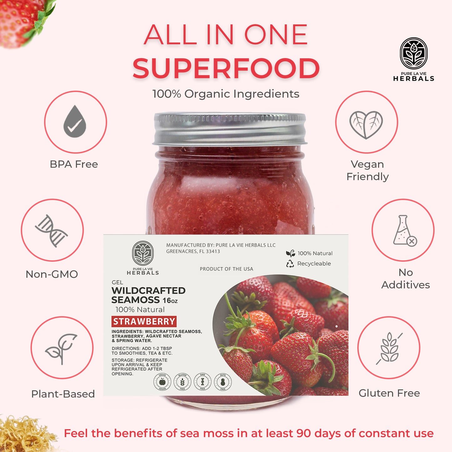 Strawberry Sea Moss Gel – 16oz | Wildcrafted, 92 Minerals, Skin & Immune Support | Vegan & Kid-Friendly